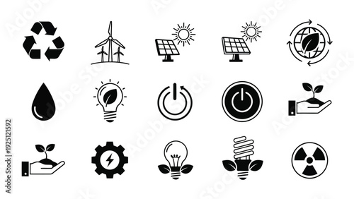 Collection of icons representing sustainable energy and eco-friendly technology solutions