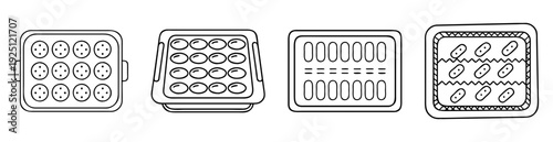 Four trays with different contents and shapes in a line art style