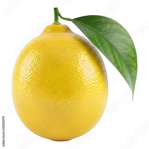 Fresh yellow lemon with green leaf attached showcasing natural texture on transparent background