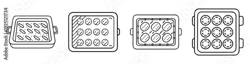 Black and white line art illustrations of baking pans with food