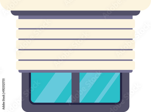 Contemporary flat design of a closed roller blind covering a blue glass window