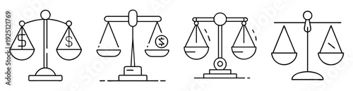 vector linear image representing various styles of balance scale depictions