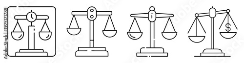 Four scale variations representing law, time, information and money balance concept