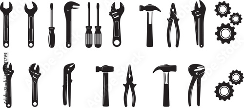 “Hand Tools and Gear Icons Set – Black Silhouette Vector Collection for Repair, Construction, and Mechanical Design
