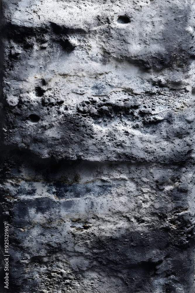 Fototapeta premium A rugged stone wall with textured surface viewed from a close-up perspective outdoors