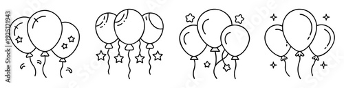 Collection of line drawing balloons and stars, simple black outline drawings