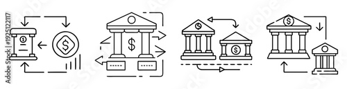 Linear depiction of financial transactions and banking processes with arrows indicating flow