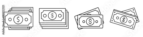 Black and white outline illustration of stacks of money or currency