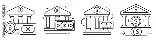 bank icons showing the movement of money with dollar currency signs