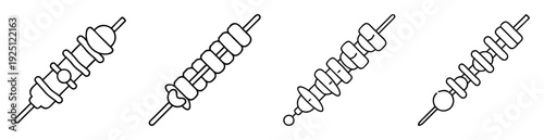 Four outlined skewers with varied styles of food chunks on a white background