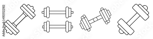 Line drawing illustration of various shapes and sizes of dumbbells on white background
