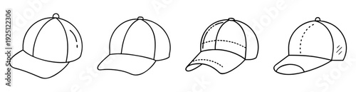 Line art illustration depicting different variations of a baseball cap design