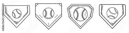 Four stylized illustrations of baseball home plate and baseballs in black outline