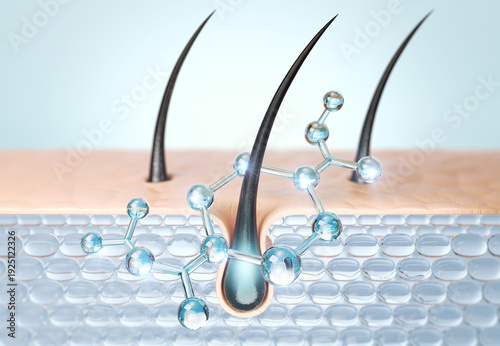 The molecule nourishes and repairs hair, Shampoo or vitamin serum 3d illustration.