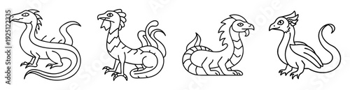 Line art illustration of four stylized dragons in varying poses and designs