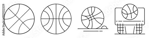 Minimalistic black and white line art of basketballs and hoops