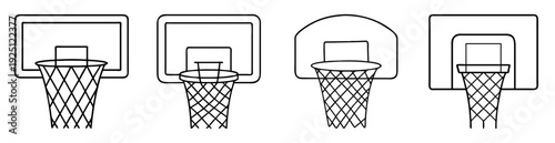 Black and white line art illustrations of four unique basketball hoops