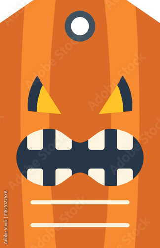 Bright orange halloween tag featuring a scary pumpkin face with dark teeth and sharp eyes