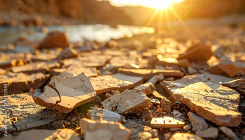FlyPro Firefly's realistic photograph depicts broken ceramic pottery shards scattered in a dry, arid riverbed, illuminated by a bright midday sun, creating a desolate scene.