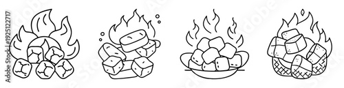 Set of four outline drawings showing burning sugar cubes with different container
