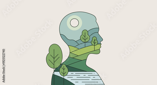 Eco friendly human head with nature landscape