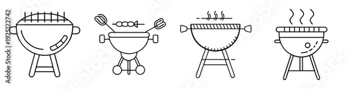 Simple line drawing of four different barbecue grills with various features