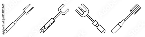 Four different styles of roasting forks black outline on white background