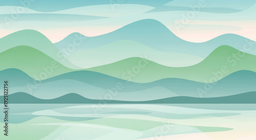 Mountain landscape with abstract green hills and blue sky