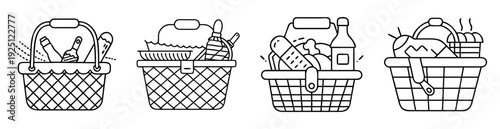 Black and white line art illustration of picnic baskets with food items