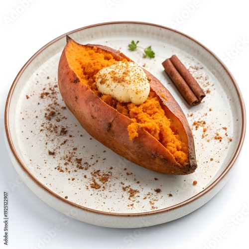 Cooked sweet potato on a plate with white background