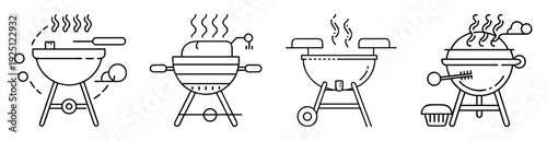 Four stylized drawings of outdoor charcoal grills with smoking food on top