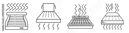 four distinct outline illustrations of hot ventilation hoods showing various styles