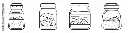 Outline illustration of four different jars filled with seasonings and spices