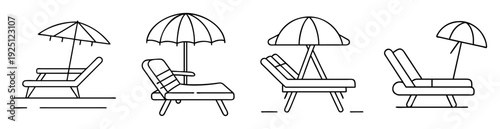 Line art of four beach chairs with umbrellas for summer relaxation