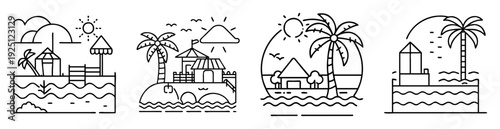 Four Simple Black and White Sketches of Tropical Beach Scenes in Line Art
