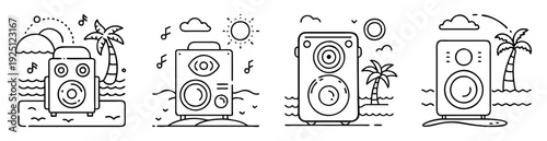 Audio speakers on a tropical island in line art style illustration