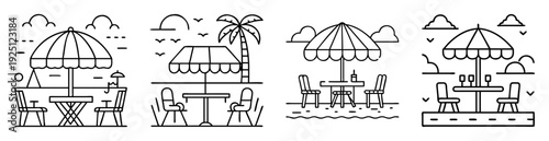 Four different beachside outdoor cafe settings with palm trees and umbrellas in black lines