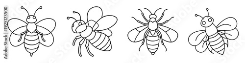Four adorable cartoon bees in a row, simple black outline illustration
