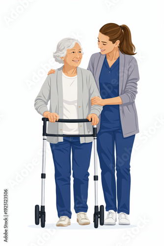 Supportive home care nurse helping elderly lady walking with mobility frame
