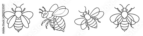 Black and white line drawing of four stylized honey bee illustrations