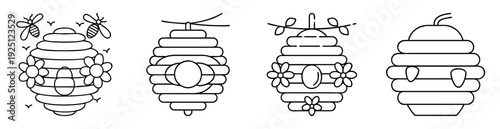 Various line art illustrations of beehives with unique designs and adornments