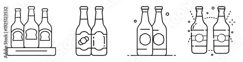 Minimalist line art drawing showcasing various sets of bottled beverages and their packaging