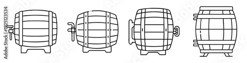 Variety of wooden barrels with taps and stands on white background