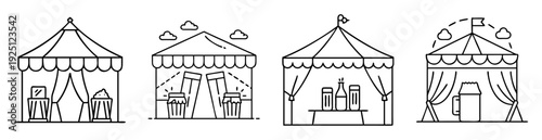Whimsical fairground or carnival market tents with assorted items depicted in outline