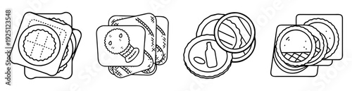 Set of cute beverage coasters with different designs line art illustration