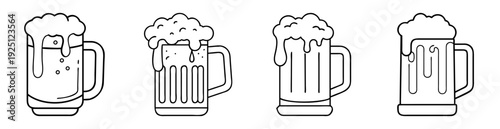 Four different beer mugs overflowing with foamy beer, a cartoon illustration