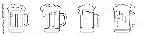 Four stylized beer mugs filled with frothy liquid in black and white