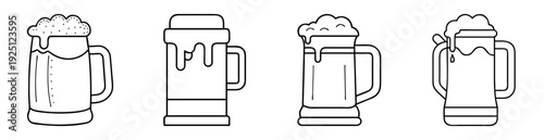Four outlined beer mugs with overflowing foam illustrating different shapes
