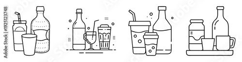 Line art illustration of assorted beverage containers, including bottles and cups