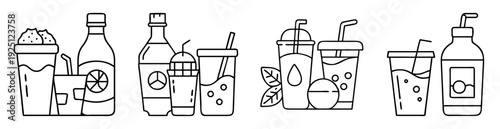 Black and white line art drawing of refreshing beverages in various containers